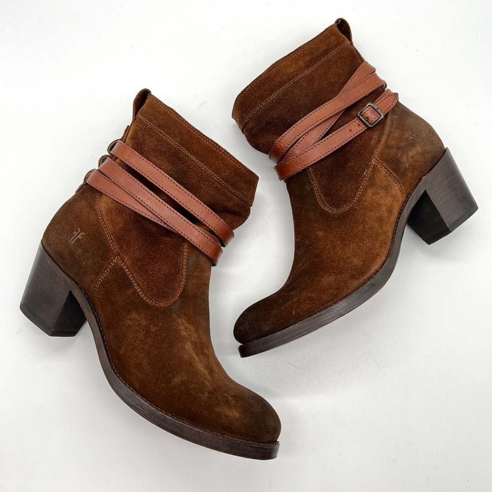 FRYE Jane Strappy Short Boot 10 Brown Suede Leather Block Heel Western Distress - Picture 4 of 13